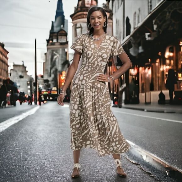 CAbi 6147 Swoon Dress Midi Tiered Swing Work Leisure Taupe Flutter Sleeve Cutout - Picture 2 of 11